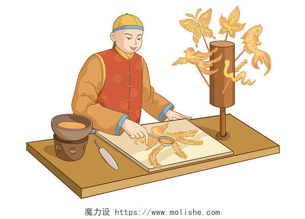 卡通民俗糖画手艺人画糖画复古传统小吃
